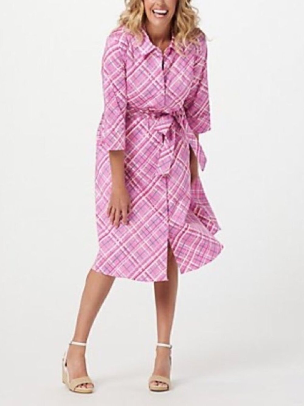 Isaac Mizrahi Live! Plaid Printed Stretch Satin Shirt Dress